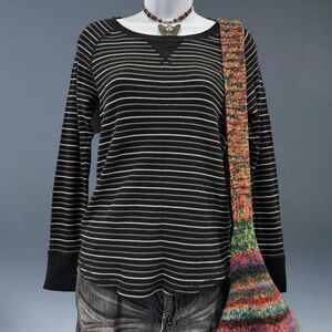 Y2K Faded Glory Striped Thermal Grunge Black Grey Long Sleeve Skater